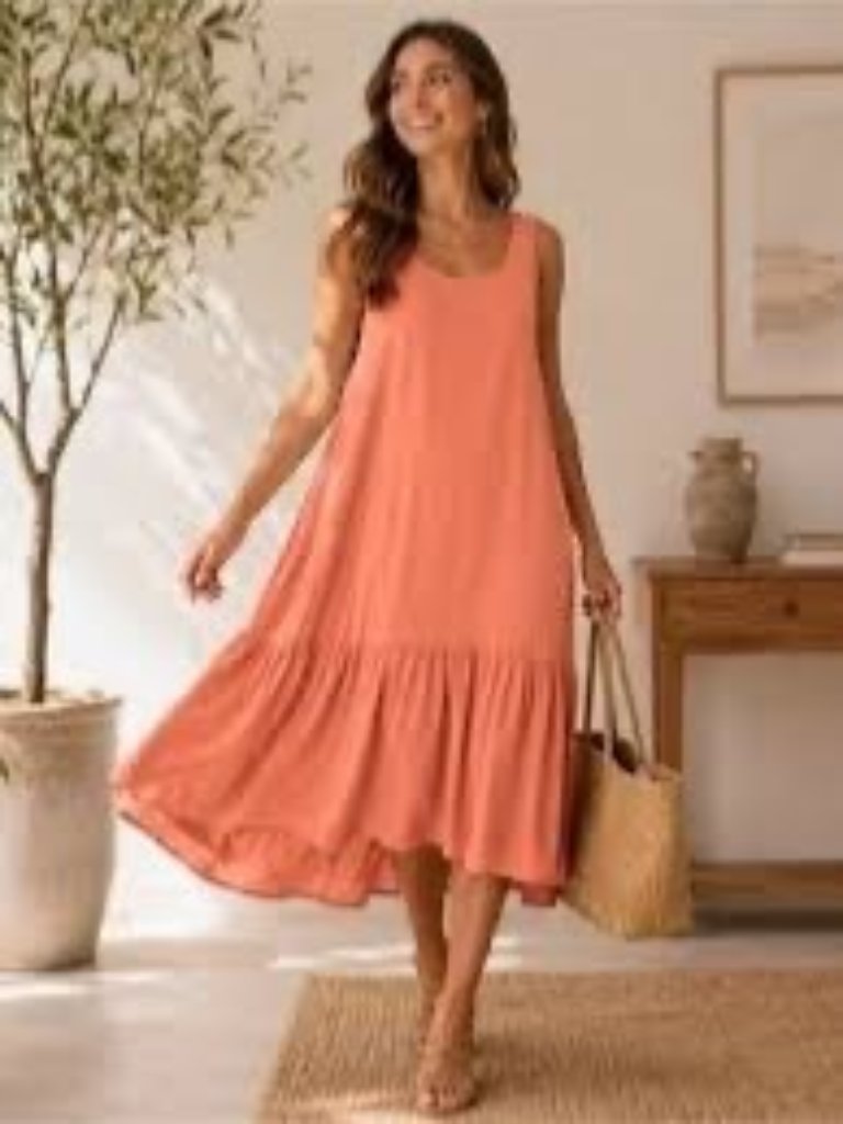 Eddie Bauer Coral Tiered Sleeveless Drop Waist Ruffle Hem Midi Dress